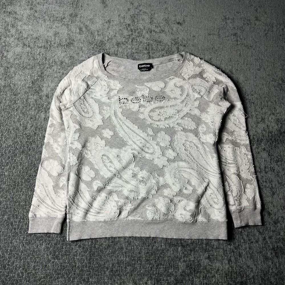 Vintage Y2k bebe Rhinestone long Sleeve Top Grey & White